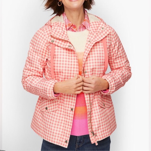 Talbots Pink Gingham Hooded Rain Jacket Women's Size L Lightweight Snap Front - Picture 1 of 6
